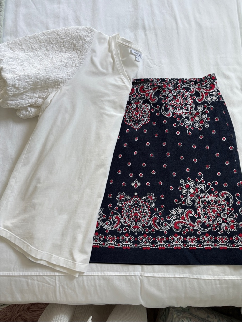 Talbots Navy Skirt with Red and White Paisley Border and White Ruffle sleeve tee